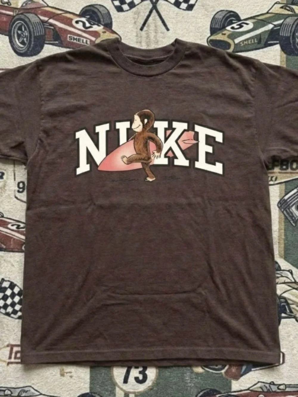 Gildan Brown Short Sleeve Tee with Surfing Monkey Graphic
